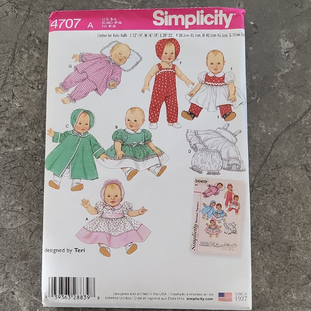 2/$10 Simplicity 4707 Doll Clothes Pattern